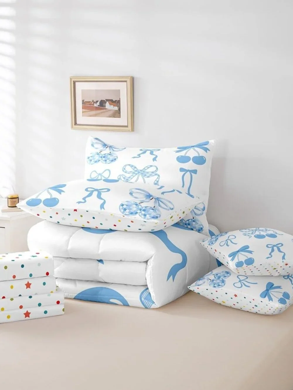 Kawaii Blue Bow Kids Comforter Set With Sheets For Boys Girls Twin Size,Cute Bow